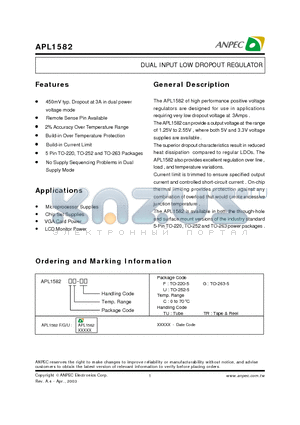 APL1582 datasheet - DUAL INPUT LOW DROPOUT REGULATOR