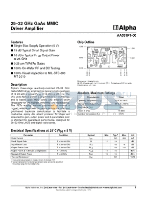 AA031P1-00 datasheet - 28-32 GHz GaAs MMIC Driver Amplifier