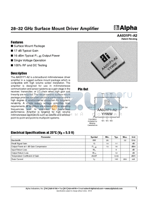 AA031P1-A2 datasheet - 28-32 GHz Surface Mount Driver Amplifier