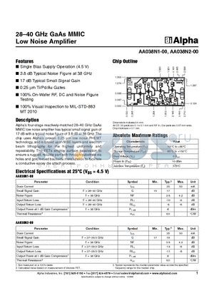 AA038N1-00 datasheet - 28-40 GHz GaAs MMIC Low Noise Amplifier