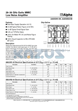 AA035N1-00 datasheet - 28-36 GHz GaAs MMIC Low Noise Amplifier