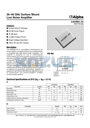 AA038N1-A2 datasheet - 26-40 GHz Surface Mount Low Noise Amplifier