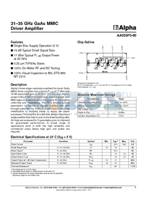AA035P3-00 datasheet - 31-35 GHz GaAs MMIC Driver Amplifier