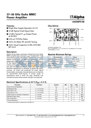 AA038P5-00 datasheet - 37-39 GHz GaAs MMIC Power Amplifier