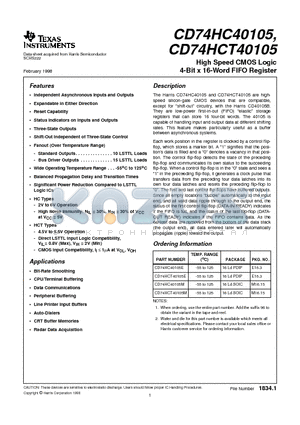 CD74HCT40105 datasheet - High Speed CMOS Logic 4-Bit x 16-Word FIFO Register