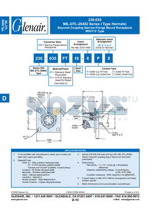 230-035FT8-6PX datasheet - Bayonet Coupling Narrow Flange Mount Receptacle