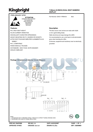 DA03-11PBWA-A datasheet - 7.62mm (0.3INCH) DUAL DIGIT NUMERIC DISPLAY