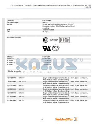 7906200000 datasheet - Single- and multi-pole terminal strip, 2.5 mm Screw connection, KrG, Medium yellow, Direct mounting