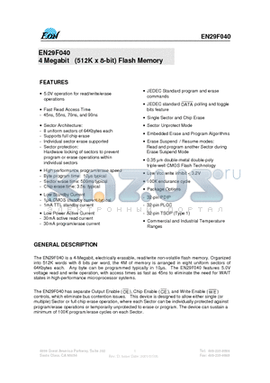 EN29F040-70TI datasheet - 4 Megabit (512K x 8-bit) Flash Memory