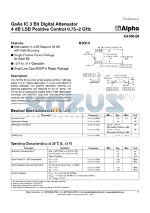 AA100-59 datasheet - GaAs IC 3 Bit Digital Attenuator 4 dB LSB Positive Control 0.75-2 GHz
