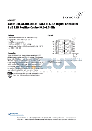 AA101-80LF datasheet - GaAs IC 5-Bit Digital Attenuator 1 dB LSB Positive Control 0.5-2.5 GHz