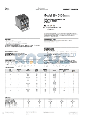 3100-30H9999 datasheet - Definite Purpose Contactor 3-pole, 20-40 FLA AC Coil