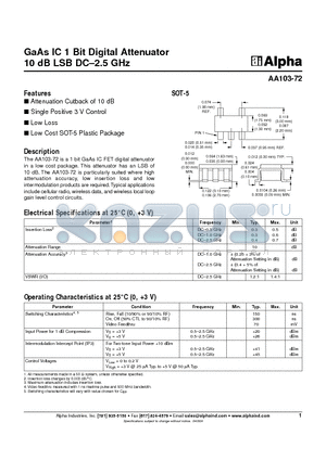 AA103-72 datasheet - GaAs IC 1 Bit Digital Attenuator 10 dB LSB DC-2.5 GHz