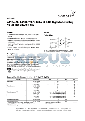 AA104-73LF datasheet - GaAs IC 1-Bit Digital Attenuator, 32 dB 300 kHz-2.5 GHz
