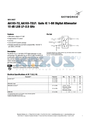 AA103-72LF datasheet - GaAs IC 1-Bit Digital Attenuator 10 dB LSB LF-2.5 GHz