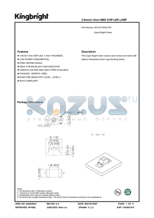 APL3015SGC-F01 datasheet - 3.0mmx1.5mm SMD CHIP LED LAMP