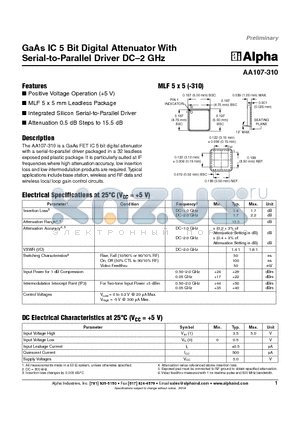 AA107-310 datasheet - GaAs IC 5 Bit Digital Attenuator With Serial-to-Parallel Driver DC-2 GHz