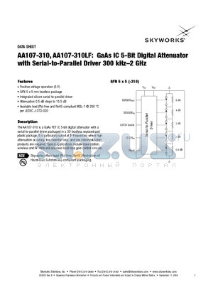 AA107-310LF datasheet - GaAs IC 5-Bit Digital Attenuator with Serial-to-Parallel Driver 300 kHz-2 GHz