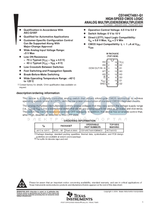 CD74HCT4051-Q1 datasheet - HIGH-SPEED CMOS LOGIC ANALOG MULTIPLEXER/DEMULTIPLEXER
