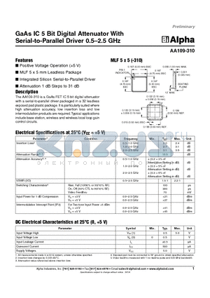 AA109-310 datasheet - GaAs IC 5 Bit Digital Attenuator With Serial-to-Parallel Driver 0.5-2.5 GHz