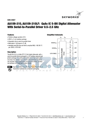 AA109-310 datasheet - GaAs IC 5-Bit Digital Attenuator With Serial-to-Parallel Driver 0.5-2.5 GHz