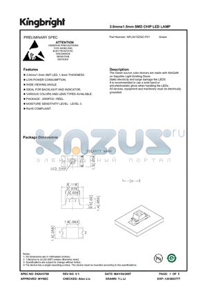 APL3015ZGC-F01 datasheet - 3.0mmx1.5mm SMD CHIP LED LAMP
