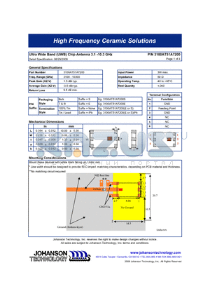 3100AT51A7200 datasheet - Ultra Wide Band (UWB) Chip Antenna 3.1 -10.3 GHz