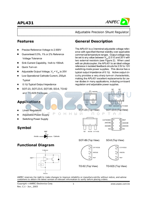 APL431AAI-TR datasheet - Adjustable Precision Shunt Regulator