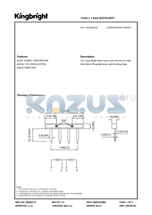 AA1114-2SGC-CC datasheet - 11mm x 1.4mm BACKLIGHT