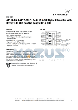 AA117-85LF datasheet - GaAs IC 5-Bit Digital Attenuator with Driver 1 dB LSB Positive Control LF-2 GHz