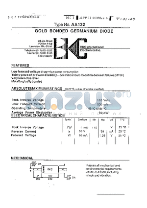 AA132 datasheet - GOLD BONDED GERMANIUM DIODES