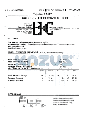 AA137 datasheet - GOLD BONDED GERMANIUM DIODE