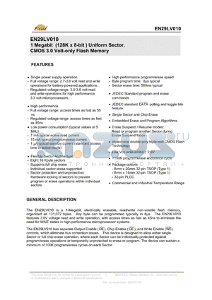 EN29LV010-70SIP datasheet - 1 Megabit (128K x 8-bit ) Uniform Sector, CMOS 3.0 Volt-only Flash Memory