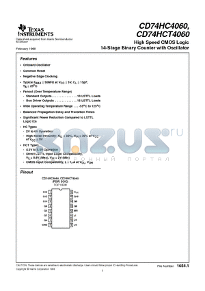 CD74HCT4060 datasheet - High Speed CMOS Logic 14-Stage Binary Counter with Oscillator