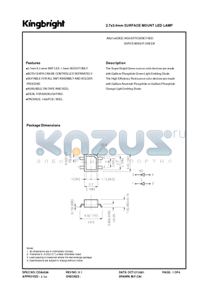 AA2734ESGC datasheet - 2.7x3.4mm SURFACE MOUNT LED LAMP