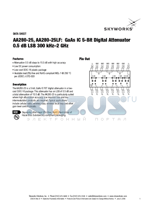 AA280-25LF datasheet - GaAs IC 5-Bit Digital Attenuator 0.5 dB LSB 300 kHz-2 GHz