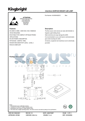AA3020AQBC/D datasheet - 3.0x2.0mm SURFACE MOUNT LED LAMP