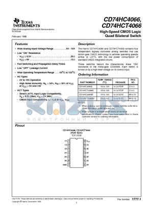 CD74HCT4066 datasheet - High-Speed CMOS Logic Quad Bilateral Switch