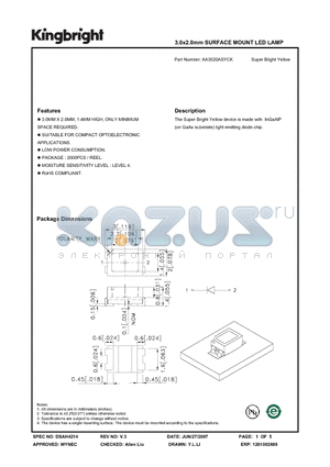 AA3020ASYCK datasheet - 3.0x2.0mm SURFACE MOUNT LED LAMP