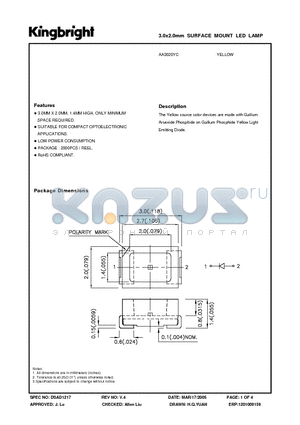 AA3020YC datasheet - 3.0x2.0mm SURFACE MOUNT LED LAMP