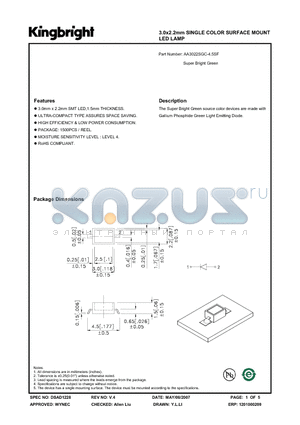 AA3022SGC datasheet - 3.0x2.2mm SINGLE COLOR SURFACE MOUNT LED LAMP