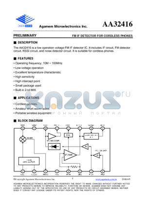 AA32416A datasheet - FM IF DETECTOR FOR CORDLESS PHONES