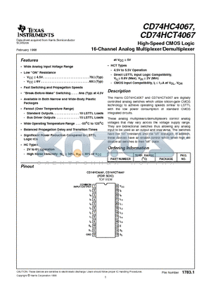 CD74HCT4067 datasheet - High-Speed CMOS Logic 16-Channel Analog Multiplexer/Demultiplexer