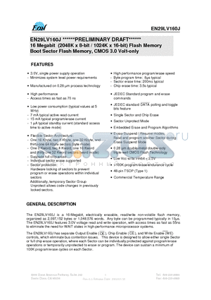 EN29LV160JB70SI datasheet - 16 Megabit (2048K x 8-bit / 1024K x 16-bit) Flash Memory Boot Sector Flash Memory, CMOS 3.0 Volt-only