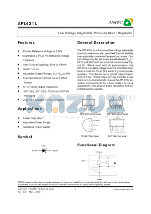 APL431L datasheet - Low Voltage Adjustable Precision Shunt Regulator
