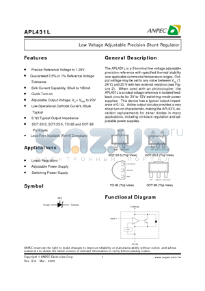 APL431LAAC-TRL datasheet - Low Voltage Adjustable Precision Shunt Regulator