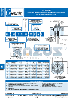 231-103-H7FT13-35PB03 datasheet - Jam Nut Mount Hermetic Bulkhead Feed-Thru