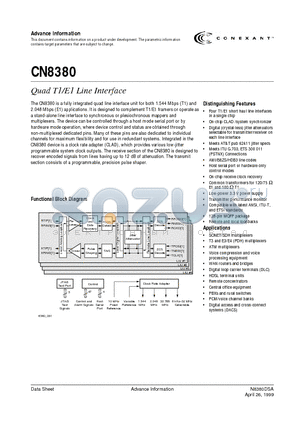 CN8398EVM datasheet - integrated quad line interface unit unit for both 1.544 Mbps (T1) and 2.048 Mbps (E1) applications