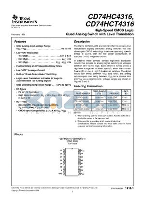 CD74HCT4316 datasheet - High-Speed CMOS Logic Quad Analog Switch with Level Translation