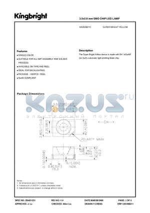 AA3528SYC datasheet - 3.5x2.8 mm SMD CHIP LED LAMP